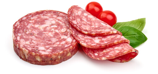 Italian Salami sausage slices, isolated on white background. High resolution image.