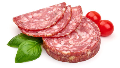 Salami smoked sausage, Traditional dry-cured Milano salami, isolated on white background. High resolution image