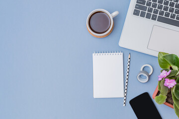 Flat lay home office desktop with laptop, flowers in a pot, office supplies on a blue background