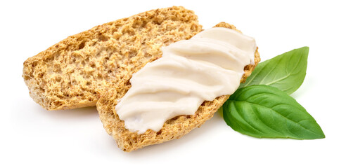 Crostini with cream cheese, isolated on white background. High resolution image.