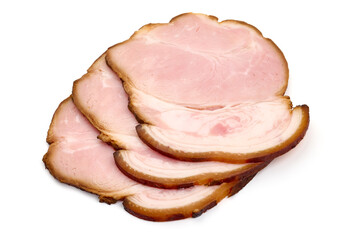 Smoked pork meat slices, isolated on white background. High resolution image.