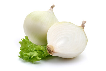 White onion with a half, isolated on white background. High resolution image.