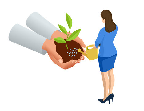 Isometric concept of growth, new life, environment protection and organic planting. Hand holding sprout. Startup, profit, growth, success, investment, investment, income, future, shares