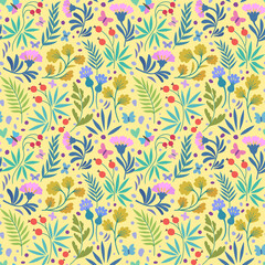 Fototapeta na wymiar Vector seamless patterns with cute beautiful flowers, butterflies and leaves in minimalistic trendy doodle style.