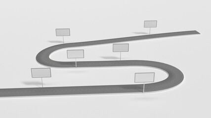 Business roadmap infographics design with empty signs. Way and direction plan. 3d illustration isolated