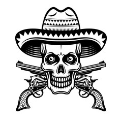 Skull in mexican sombrero hat and two crossed pistols vector illustration in monochrome vintage style isolated on white background