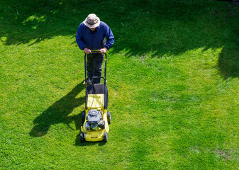man tending his garden by cutting the grass - obrazy, fototapety, plakaty