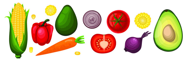 Set of vector vegetables in cartoon style. Healthy food: corn, tomato, pepper, avocado, onion, carrot