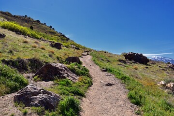 Mount Olympus Peak hiking trail views spring via Bonneville Shoreline, Wasatch Front Rocky Mountains, by Salt Lake City, Utah. United States. USA