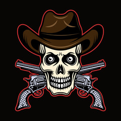 Skull in cowboy hat and two crossed pistols vector illustration in colorful cartoon style isolated on dark background