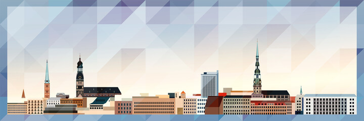 Riga skyline vector colorful poster on beautiful triangular texture background