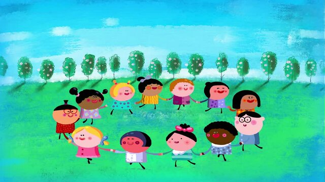 Happy children of different nations and skin colour dancing together in a circle holding their hands on the meadow. Background version. Children day or Earth day. 