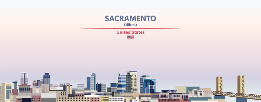 Sacramento cityscape on sunset sky background vector illustration with country and city name and with flag of United States
