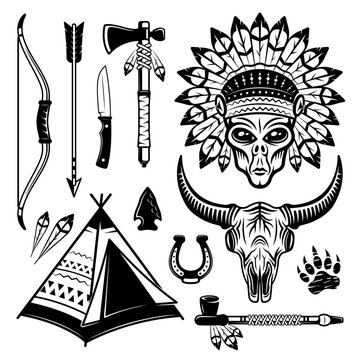 Alien indian and different western elements set of vector objects in black and white vintage style isolated illustration