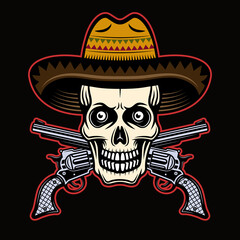 Skull in mexican sombrero hat and two crossed pistols vector illustration in colorful cartoon style isolated on dark background