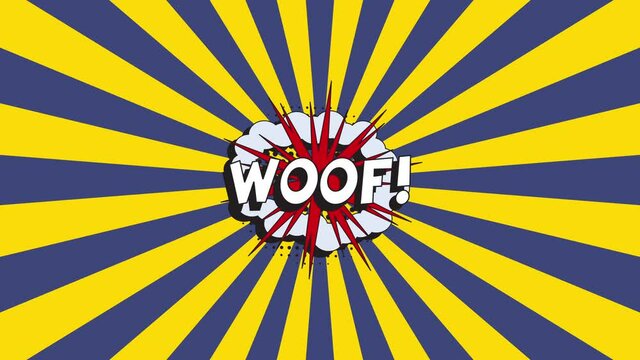 'WOOF! WOOF!' in retro comics speech bubble with halftone dotted shadow on an animated background with yellow and blue rays