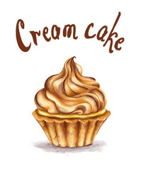 Cake with soft air cream in a realistic style. Cupcake isolated on a white background. Dessert illustration. Cream cake lettering. For the design of cards, posters, banners, invitations, greetings.