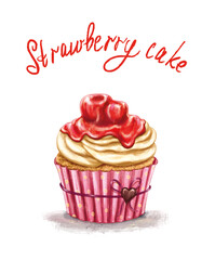 Cake with strawberry, cream, syrup, and chocolate heart. Cupcake isolated on a white background. Strawberry cake lettering. For the design of cards, posters, banners, invitations, greetings.