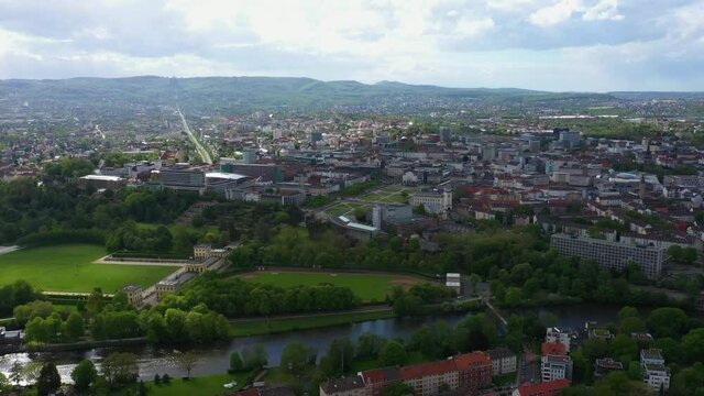 Aerial view of the city Kassel in Germany on a sunny day in spring.