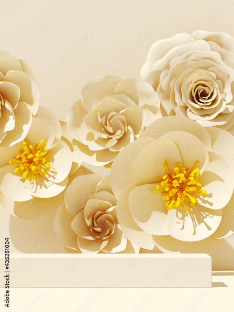 Poster summer mockup background for product presentation. paper flower and podium on white background. 3d r
