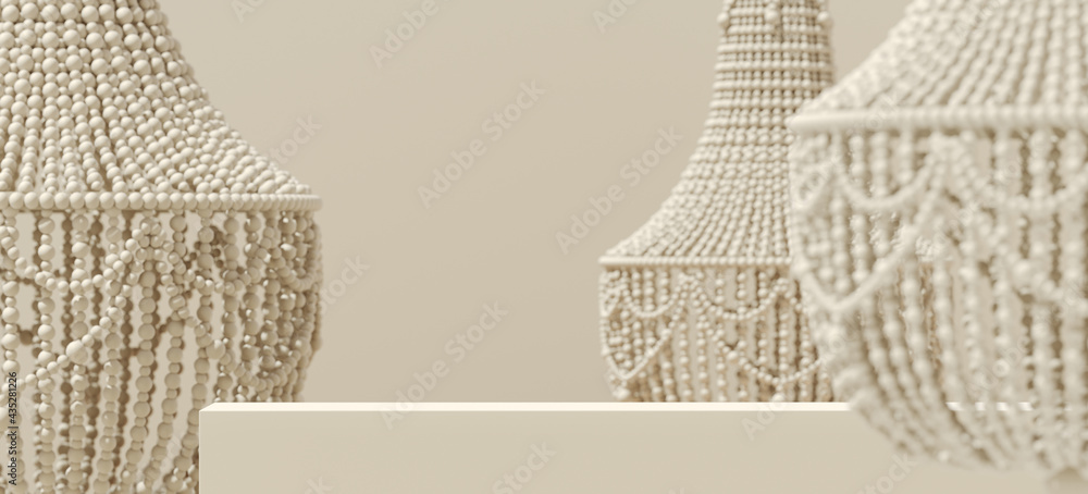 Poster abstract mockup background for product presentation. beaded chandelier and podium on beige backgroun