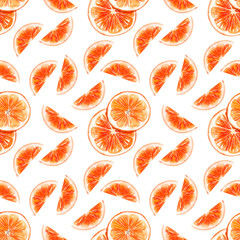 Watercolor hand drawn Pattern with ripe Oranges on a white background. Sweet Fruit. 