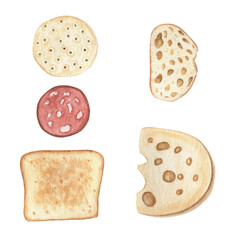 Watercolor illustration. Bread. Toast. Cookies. Sausage. A sandwich. Picnic.