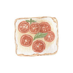 
Bruschet. Breakfast. Bread. Toast with tomatoes. Watercolor illustration.