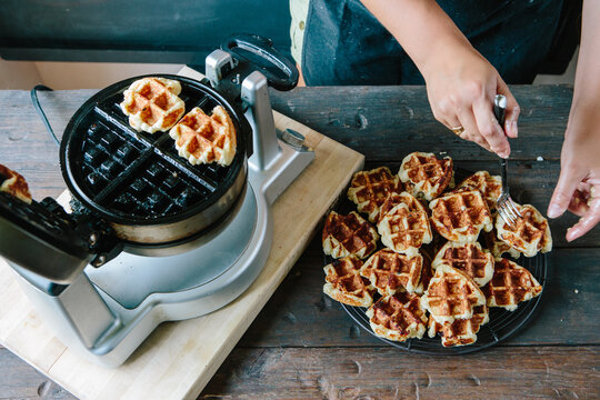 Liege yeasted waffles being made 