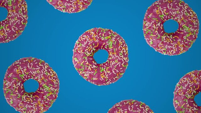 Geometric pattern with pink candy donuts on a blue background. Motion graphic food concept seamless loop minimal animation
