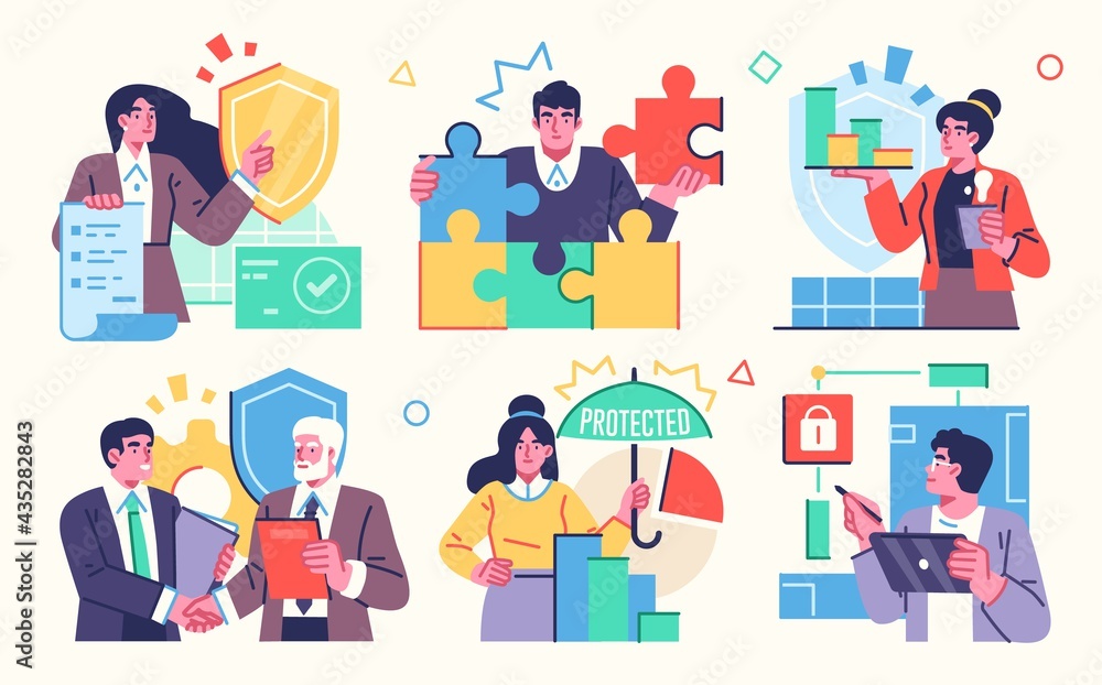 Poster protection and security concepts. illustrations of cartoon character with a shield. perfect for web 