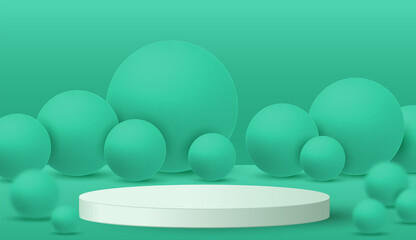Podium display design on a Turquoise Background minimal green round balls products scene. product minimal podium 3d. Stage for awards on product in stand advertising templates.