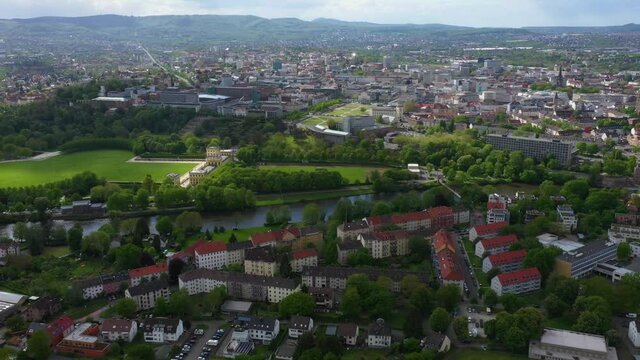 Aerial view of the city Kassel in Germany on a sunny day in spring.