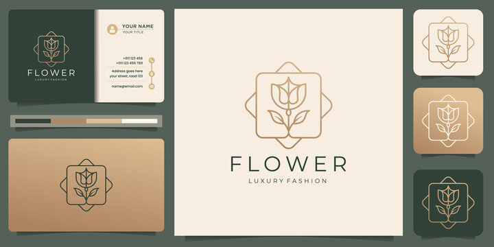 hand drawn Feminine beauty flower. logo for salon and spa, line art monogram shape logo.golden logo design, icon and business card template. premium vector