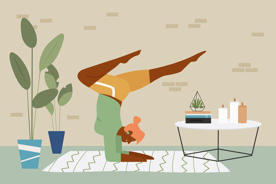 Home yoga workout and people training vector illustration. Cartoon active young sportive woman standing in yoga asana pose, stretching body, doing healthy sports exercises in home interior background