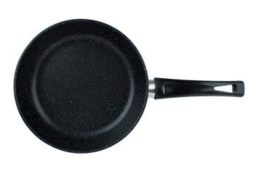 Frying pan with black marble coating on white background