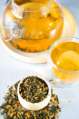 Japanese green tea Genmaicha.Tea leaves with fried brown rice on a bright gray background with a shadow.Slimming trend tea concept. a cup of tea. brew a transparent teapot
