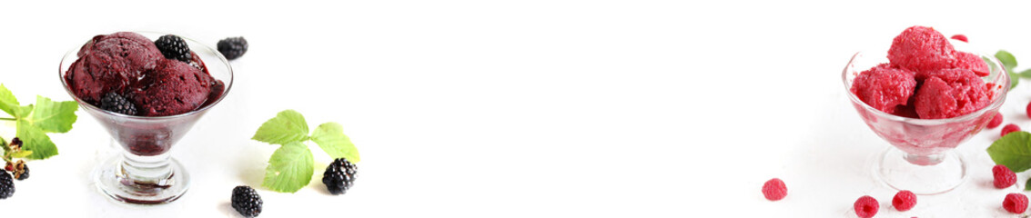 ice cream banner. blackberries, raspberry  ice cream Natural homemade  sorbet  and fresh berries of blackberries on a light background.