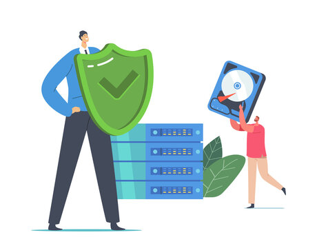 Data Backup Modern Technologies, Raid Concept. Tiny Programers Characters with Shield and Hard Disk at Huge Pc Block