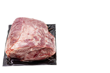 Close up view of vacuum packed piece of pork isolation on white background. Food and health concept. 