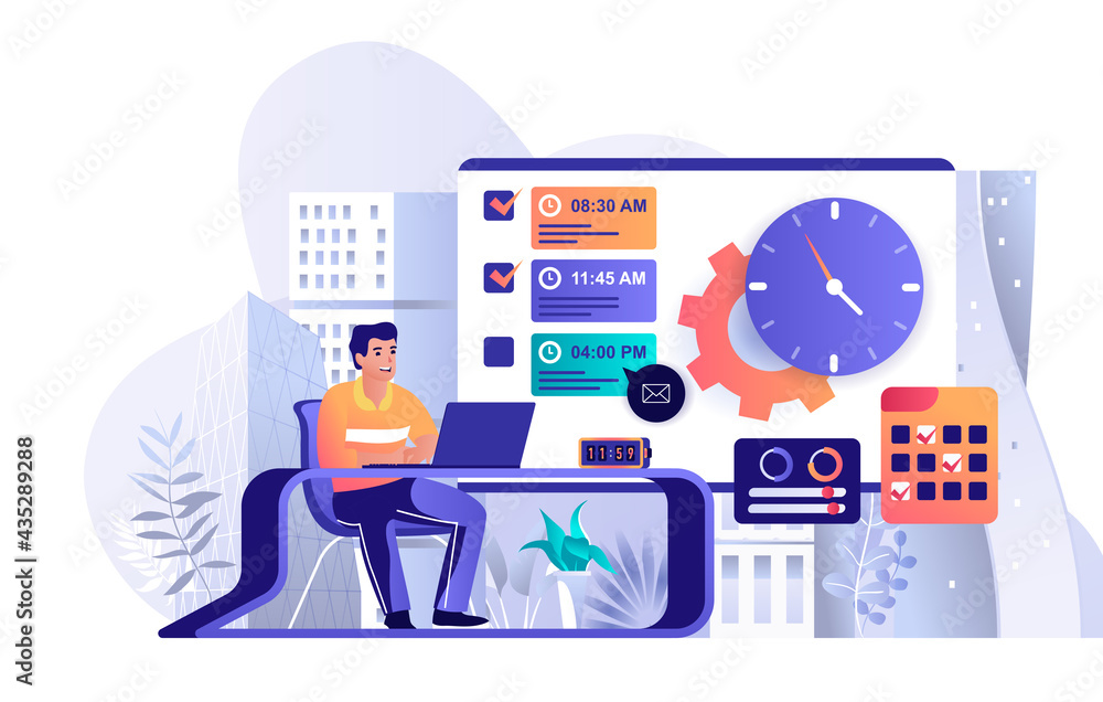 Leinwandbilder Time management concept in flat design. Planning and organizing workflow scene template. Man works at laptop, completes work tasks on deadline. Vector illustration of people characters activities