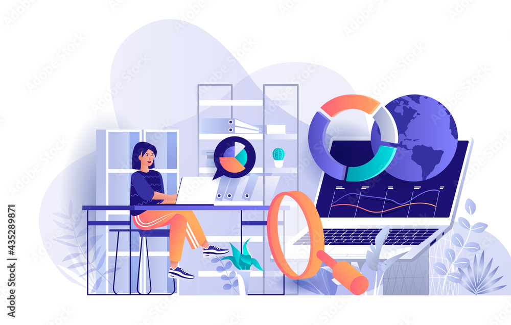 Leinwandbilder big data analysis concept in flat design. business analytics and statistics scene template. woman wo