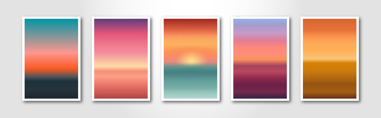 Blurred smooth modern gradient background cards. Set of solar, sunset maps and sunrise sea.