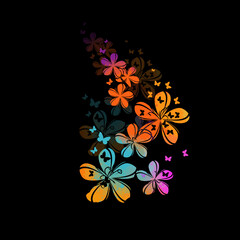 Abstraction with colorful cute simple flowers and butterflies. Vector illustration