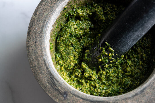 Pesto in mortar and pestle 