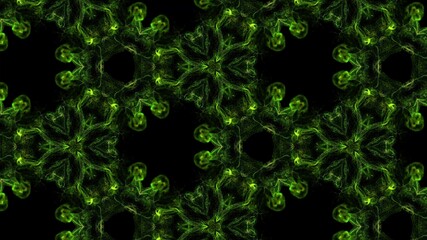 Fototapeta na wymiar Ink kaleidoscopic effect of glow green particles on black background. Advection like ink effect.