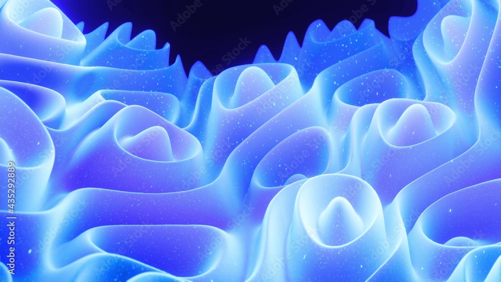 Poster abstract waves of soft blue matte material with light inner glow and glitters on surface. abstract g