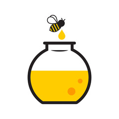 image of a bee, drops of honey and jars of honey colored isolated on white background