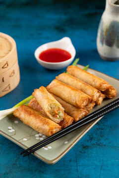 Spring rolls on rectangle plate 
