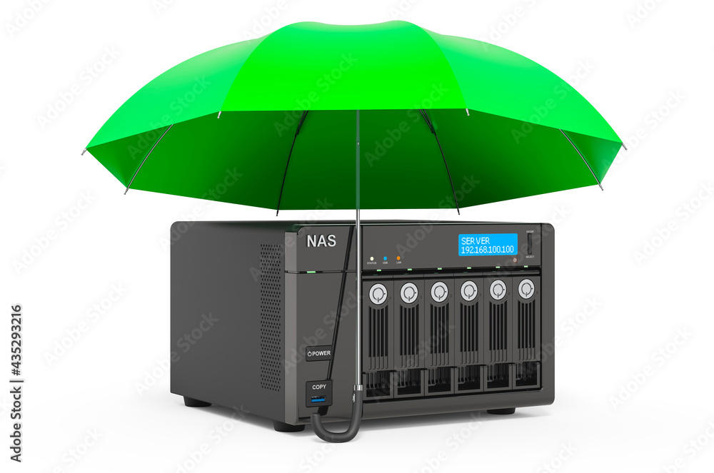 Poster network-attached storage under umbrella, 3d rendering